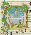 MANUSCRIPT LEAF RESURRECTION. Vellum leaf from a Latin antiphonary with illuminated initial A. Florence, 15th century